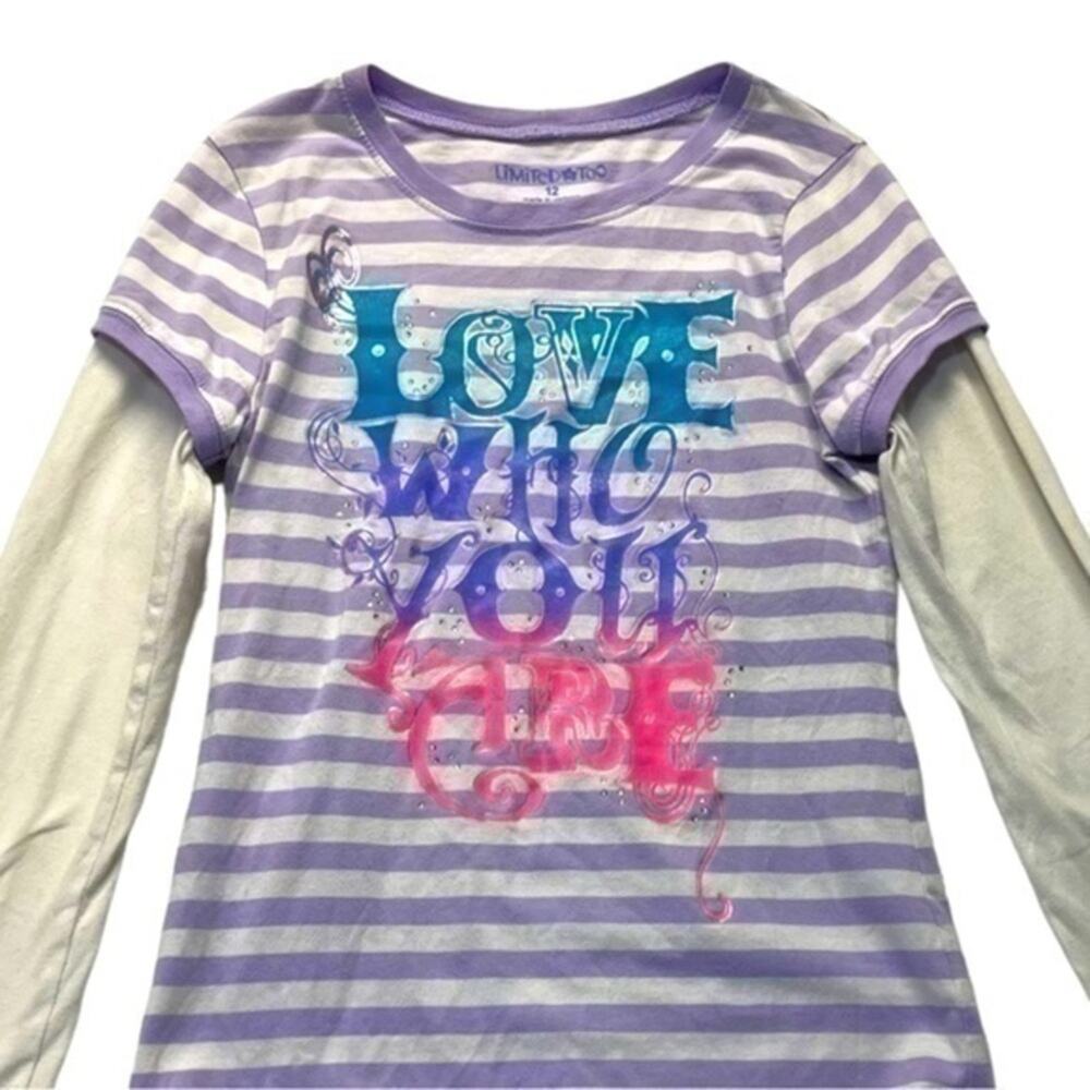 Limited Too Girls Purple Striped Graphic Tee Long Sleeve Top Size 12 Y2K